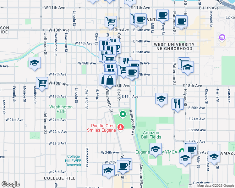map of restaurants, bars, coffee shops, grocery stores, and more near 1940 Oak Street in Eugene