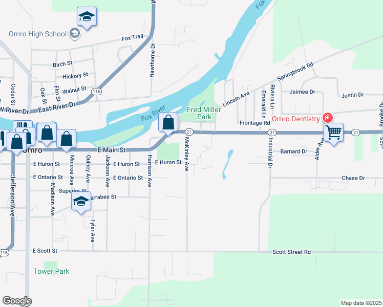 map of restaurants, bars, coffee shops, grocery stores, and more near 180 McKinley Avenue in Omro