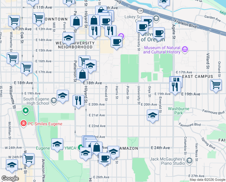 map of restaurants, bars, coffee shops, grocery stores, and more near 951 East 19th Avenue in Eugene