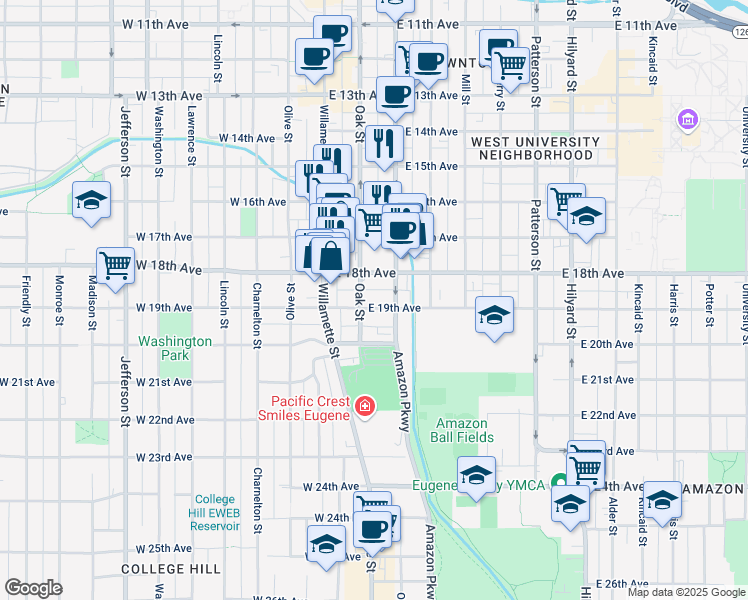 map of restaurants, bars, coffee shops, grocery stores, and more near 135 East 19th Avenue in Eugene