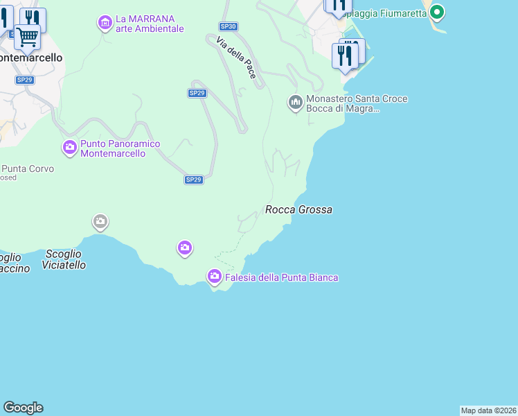 map of restaurants, bars, coffee shops, grocery stores, and more near 8 Strada Punta Bianca in Provincia della Spezia