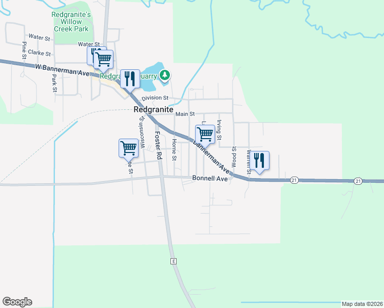 map of restaurants, bars, coffee shops, grocery stores, and more near 520 Thackery Street in Redgranite