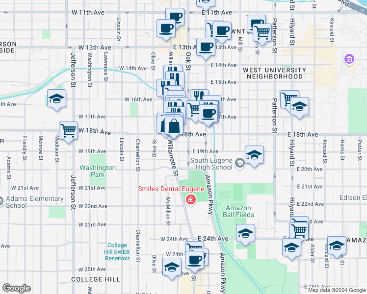 map of restaurants, bars, coffee shops, grocery stores, and more near 85 East 19th Avenue in Eugene