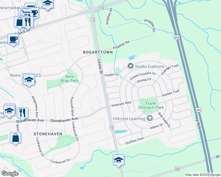 map of restaurants, bars, coffee shops, grocery stores, and more near 1097 Warby Trail in Newmarket