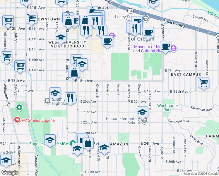 map of restaurants, bars, coffee shops, grocery stores, and more near 1877 Harris Street in Eugene