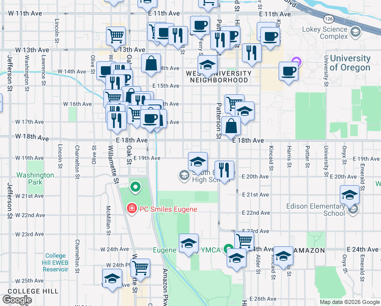 map of restaurants, bars, coffee shops, grocery stores, and more near 480 East 18th Avenue in Eugene