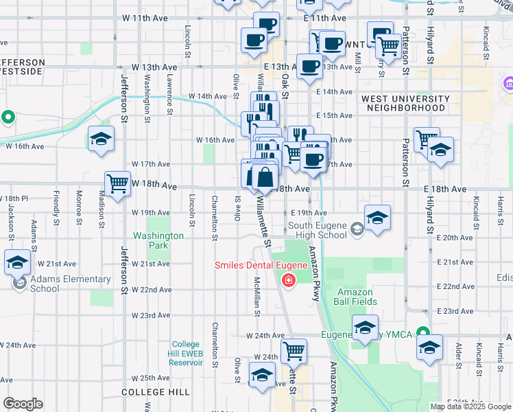 map of restaurants, bars, coffee shops, grocery stores, and more near 1872 Willamette Street in Eugene