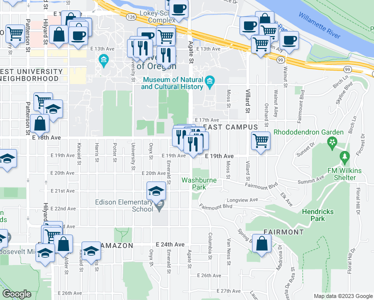 map of restaurants, bars, coffee shops, grocery stores, and more near 1485 East 19th Avenue in Eugene