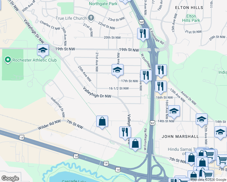 map of restaurants, bars, coffee shops, grocery stores, and more near 1625 19th Avenue Northwest in Rochester
