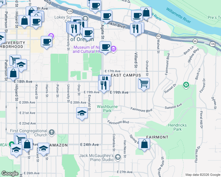 map of restaurants, bars, coffee shops, grocery stores, and more near in Eugene