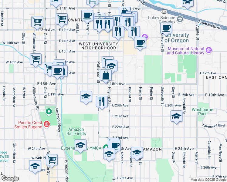 map of restaurants, bars, coffee shops, grocery stores, and more near 750 Alder Alley in Eugene