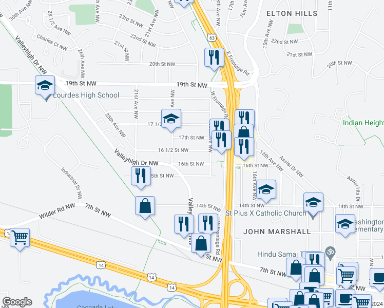 map of restaurants, bars, coffee shops, grocery stores, and more near 1832 16 1/2 Street Northwest in Rochester