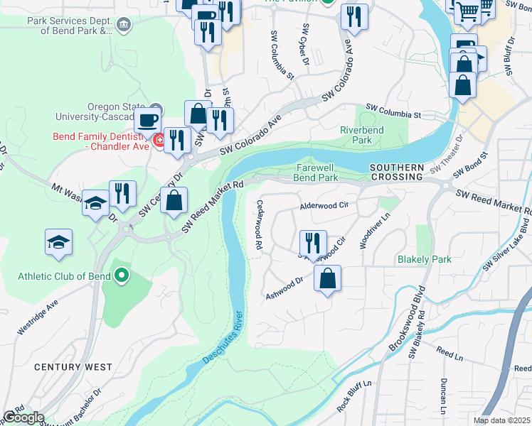 map of restaurants, bars, coffee shops, grocery stores, and more near 61676 Cedarwood Road in Bend