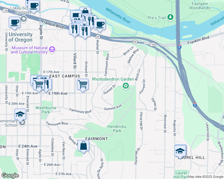 map of restaurants, bars, coffee shops, grocery stores, and more near 80 Sunset Drive in Eugene