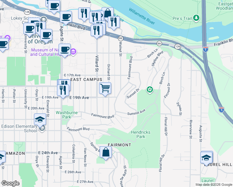 map of restaurants, bars, coffee shops, grocery stores, and more near 1820 Fairmount Boulevard in Eugene