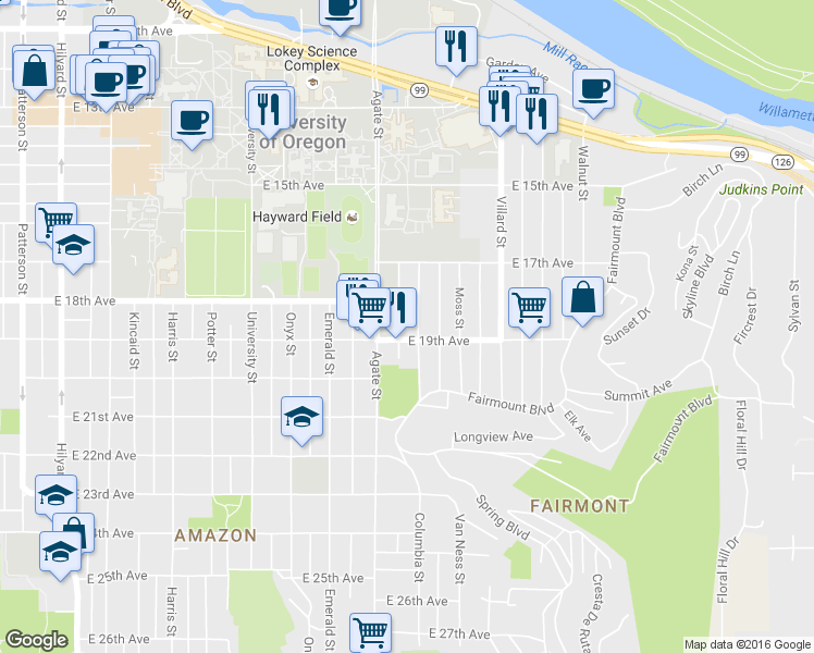 map of restaurants, bars, coffee shops, grocery stores, and more near in Eugene