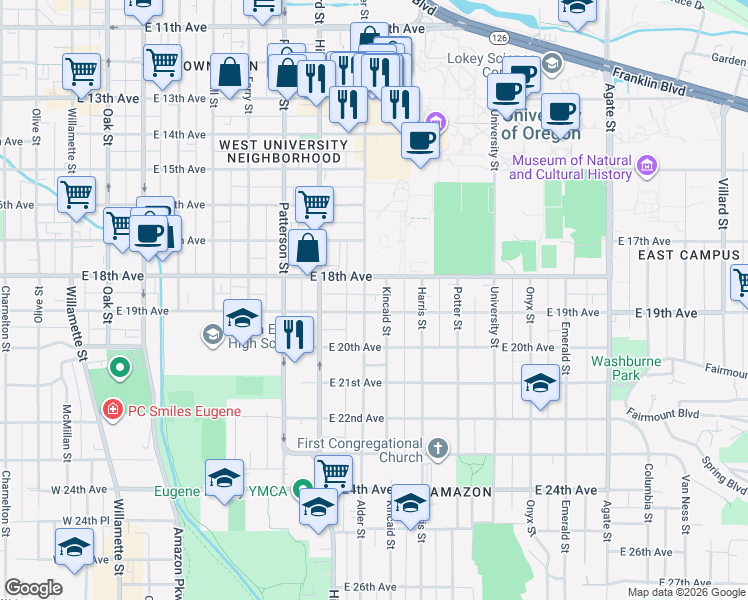 map of restaurants, bars, coffee shops, grocery stores, and more near 888 East 18th Avenue in Eugene