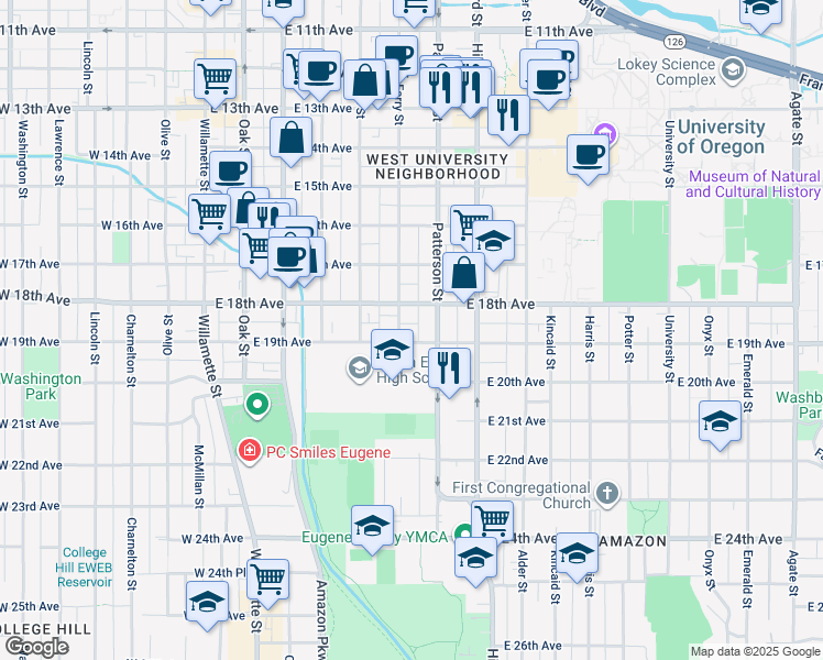 map of restaurants, bars, coffee shops, grocery stores, and more near 595 East 18th Avenue in Eugene