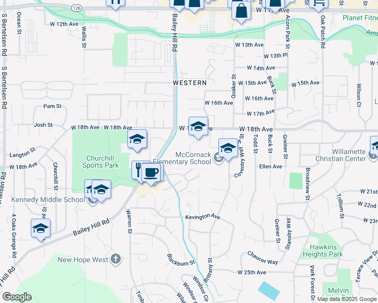 map of restaurants, bars, coffee shops, grocery stores, and more near 3606 West 18th Avenue in Eugene