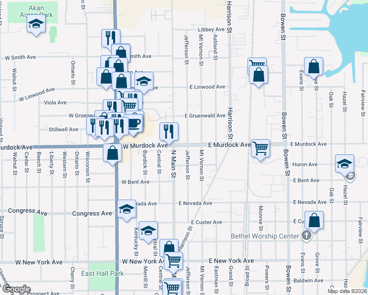 map of restaurants, bars, coffee shops, grocery stores, and more near 1816 Jefferson Street in Oshkosh