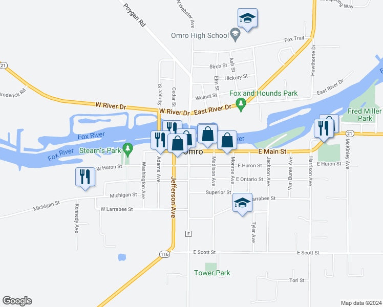 map of restaurants, bars, coffee shops, grocery stores, and more near in Omro