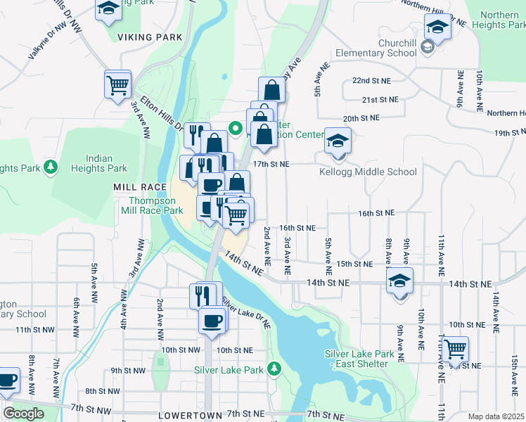map of restaurants, bars, coffee shops, grocery stores, and more near 1627 2nd Avenue Northeast in Rochester