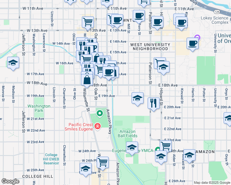 map of restaurants, bars, coffee shops, grocery stores, and more near 285 East 19th Avenue in Eugene