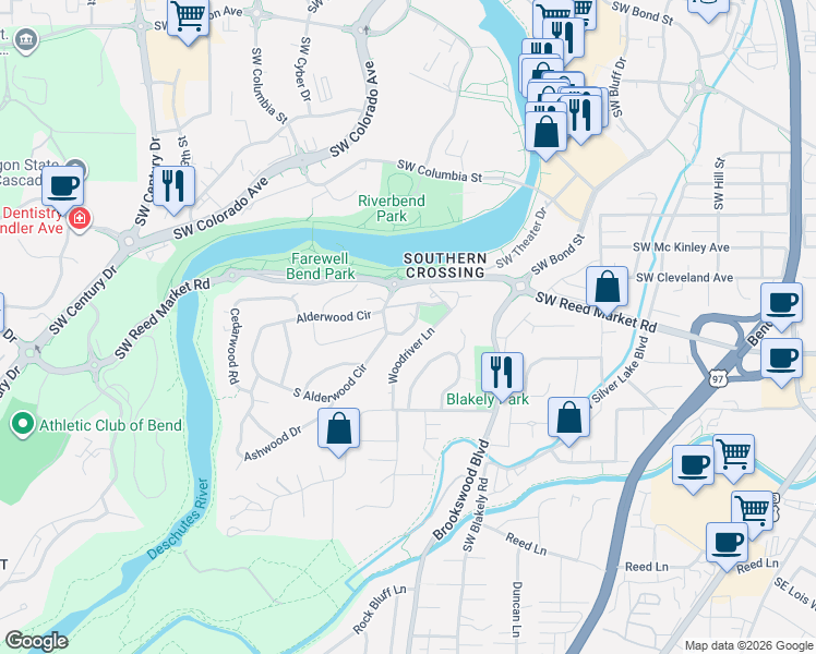 map of restaurants, bars, coffee shops, grocery stores, and more near 20075 Alderwood Circle in Bend