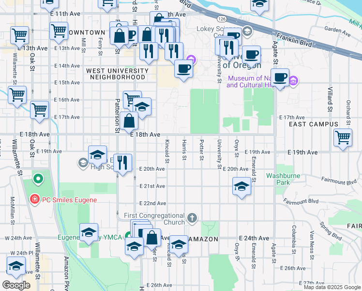 map of restaurants, bars, coffee shops, grocery stores, and more near 1858 Harris Street in Eugene