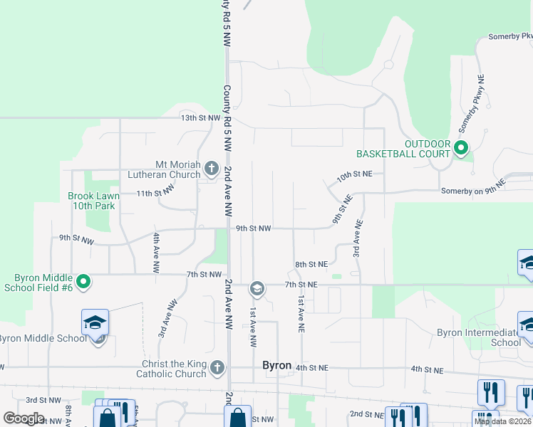 map of restaurants, bars, coffee shops, grocery stores, and more near 921 Byron Avenue Northwest in Byron