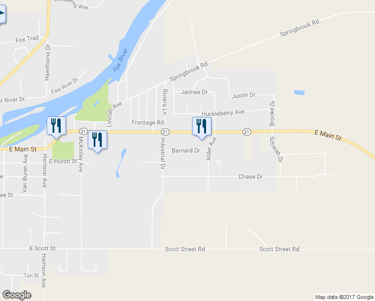 map of restaurants, bars, coffee shops, grocery stores, and more near 1652 Barnard Drive in Omro