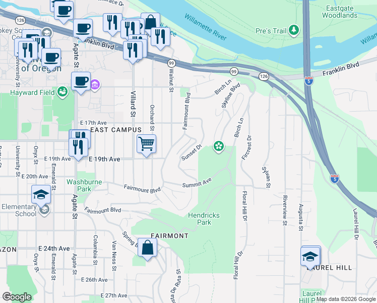 map of restaurants, bars, coffee shops, grocery stores, and more near 275 Sunset Drive in Eugene