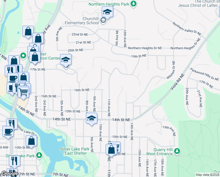 map of restaurants, bars, coffee shops, grocery stores, and more near 1630 11th Avenue Northeast in Rochester
