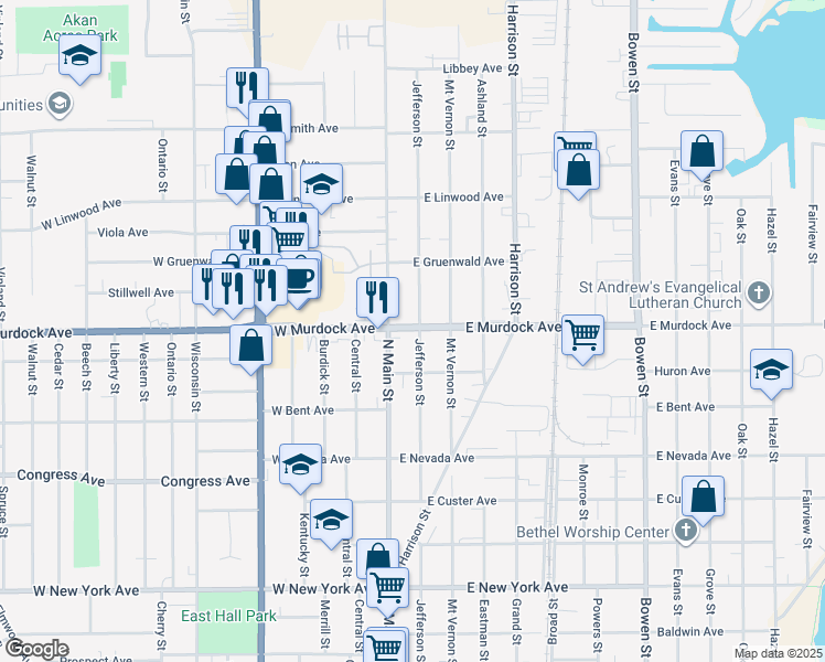 map of restaurants, bars, coffee shops, grocery stores, and more near 1816 Jefferson Street in Oshkosh