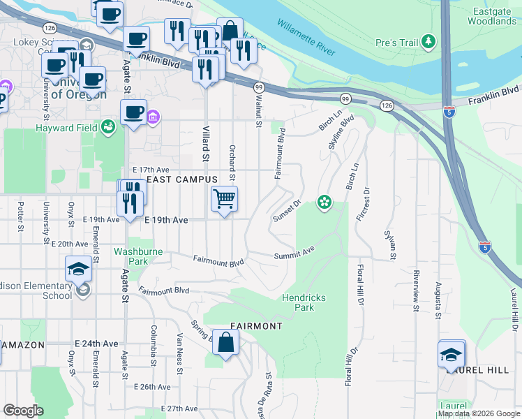 map of restaurants, bars, coffee shops, grocery stores, and more near 1841 Fairmount Boulevard in Eugene