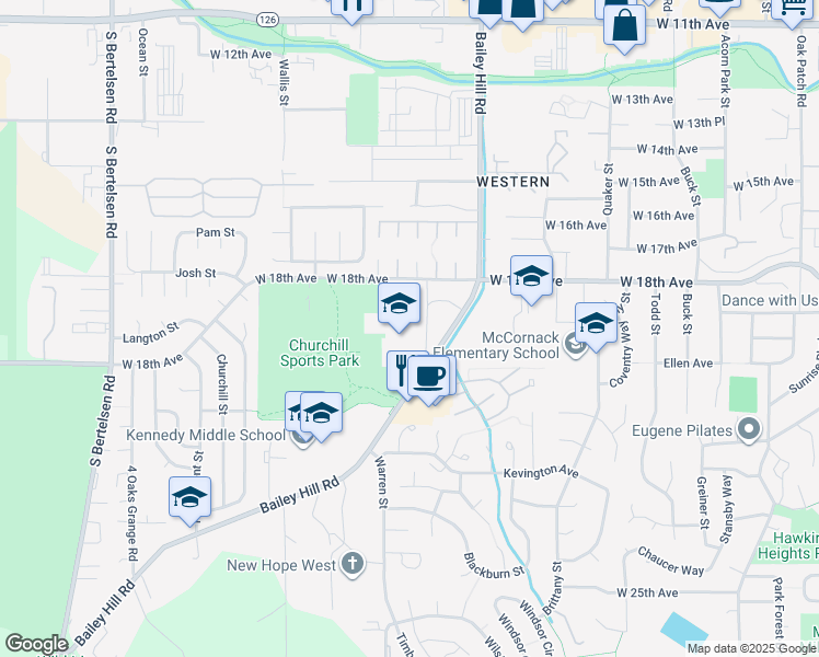 map of restaurants, bars, coffee shops, grocery stores, and more near 1850 Bailey Hill Road in Eugene