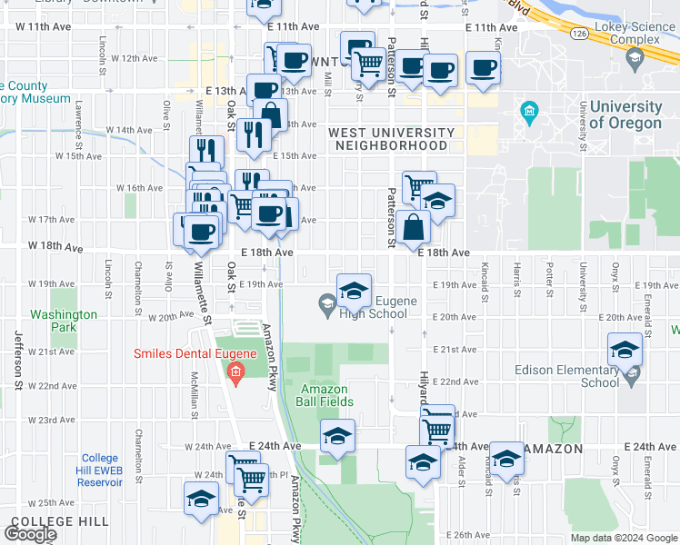 map of restaurants, bars, coffee shops, grocery stores, and more near 1888 Ferry Alley in Eugene