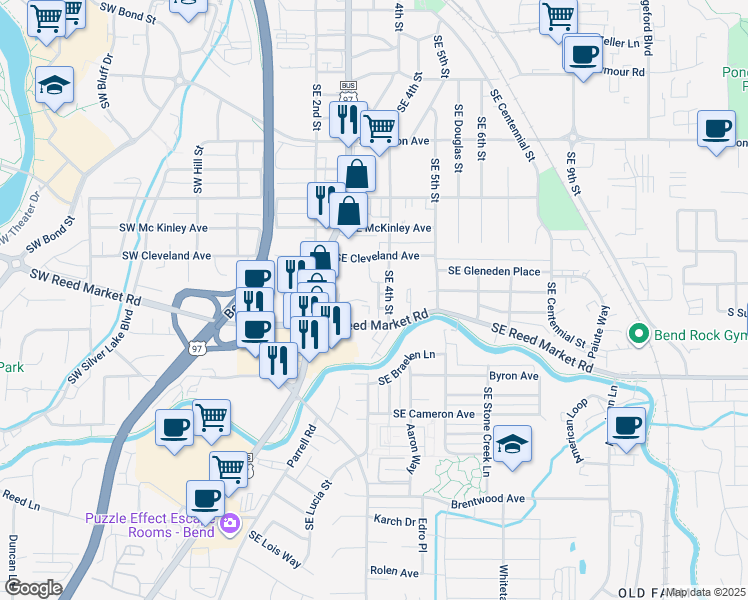 map of restaurants, bars, coffee shops, grocery stores, and more near 1030 Southeast Highway 97 in Bend