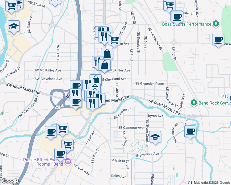 map of restaurants, bars, coffee shops, grocery stores, and more near 1048 Southeast Leonel Lane in Bend