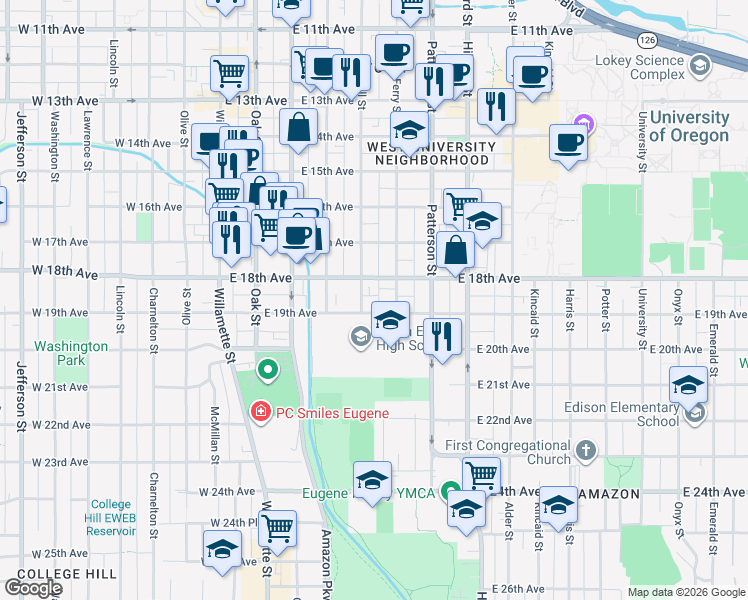 map of restaurants, bars, coffee shops, grocery stores, and more near 480 East 18th Avenue in Eugene