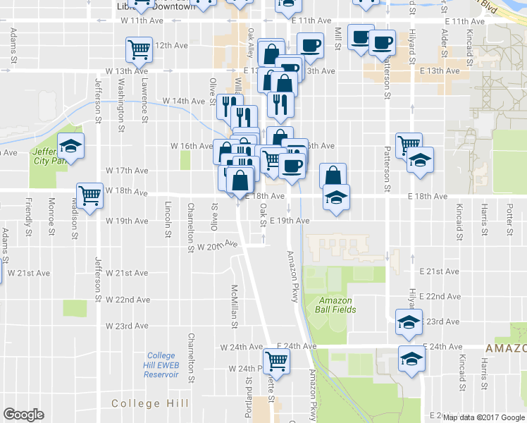 map of restaurants, bars, coffee shops, grocery stores, and more near Oak Street in Eugene
