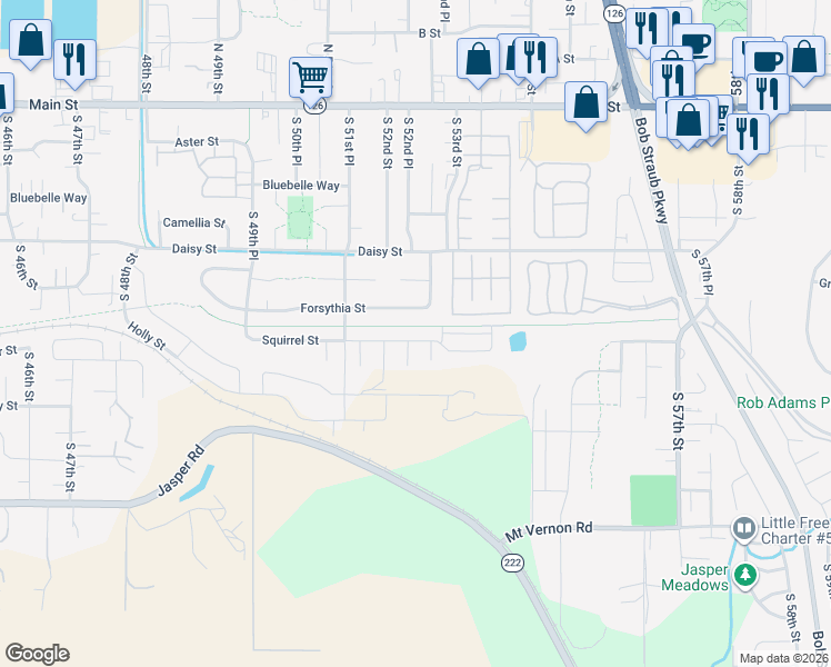 map of restaurants, bars, coffee shops, grocery stores, and more near 5287 Forsythia Street in Springfield