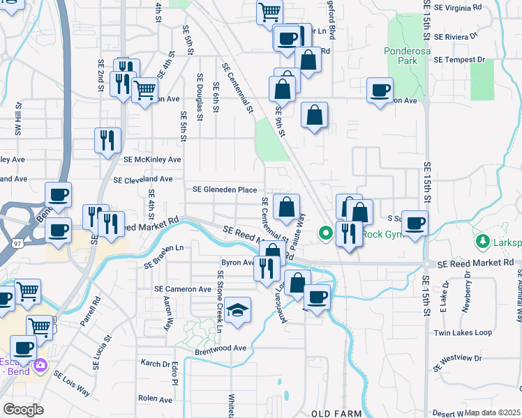 map of restaurants, bars, coffee shops, grocery stores, and more near 689 Southeast Glengarry Place in Bend