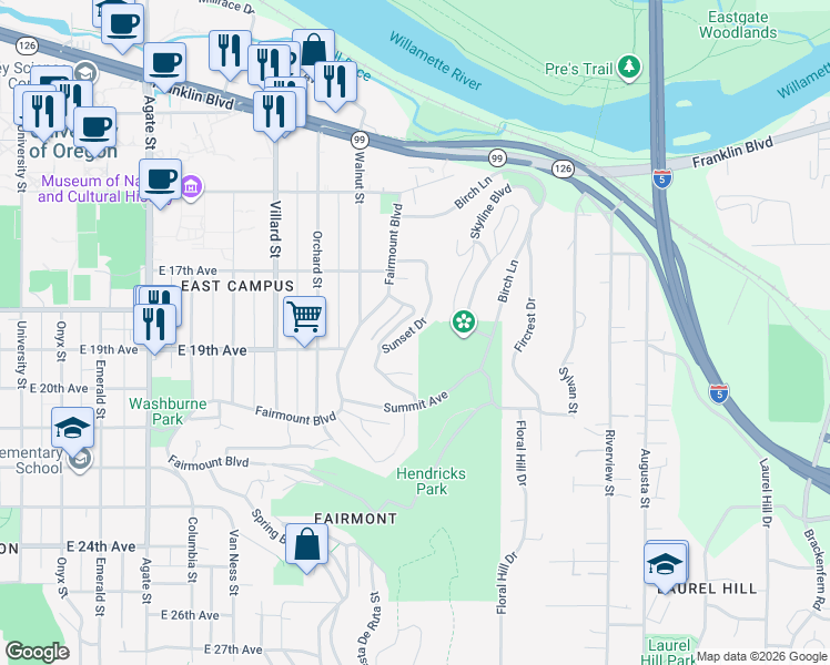 map of restaurants, bars, coffee shops, grocery stores, and more near 80 Sunset Drive in Eugene