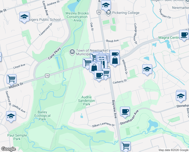 map of restaurants, bars, coffee shops, grocery stores, and more near 589 Steven Court in Newmarket