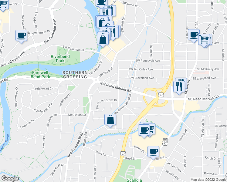 map of restaurants, bars, coffee shops, grocery stores, and more near 414 SW Blakely Ct in Bend