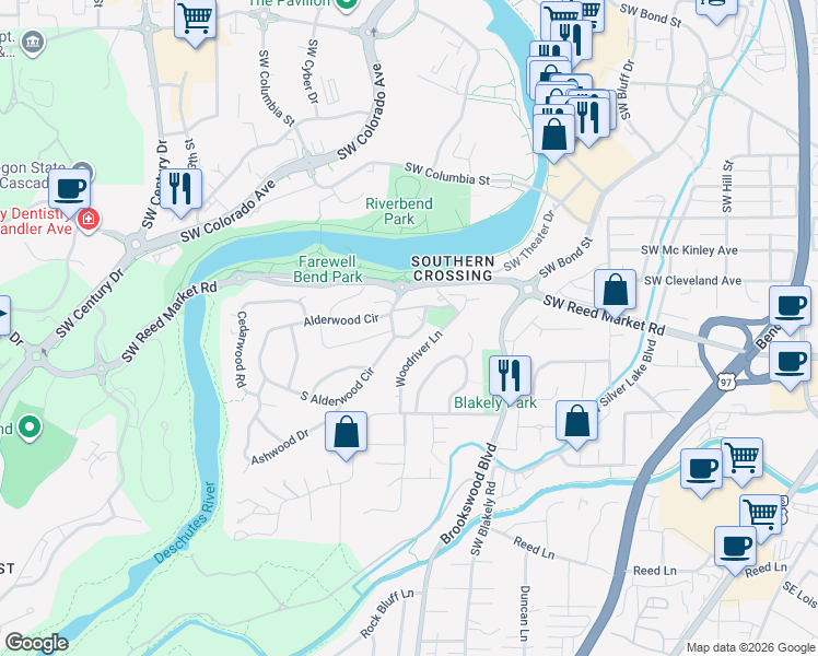 map of restaurants, bars, coffee shops, grocery stores, and more near 20075 Alderwood Circle in Bend