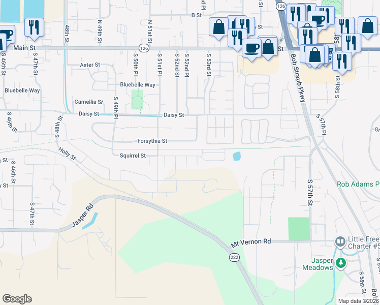 map of restaurants, bars, coffee shops, grocery stores, and more near 5287 Forsythia Street in Springfield