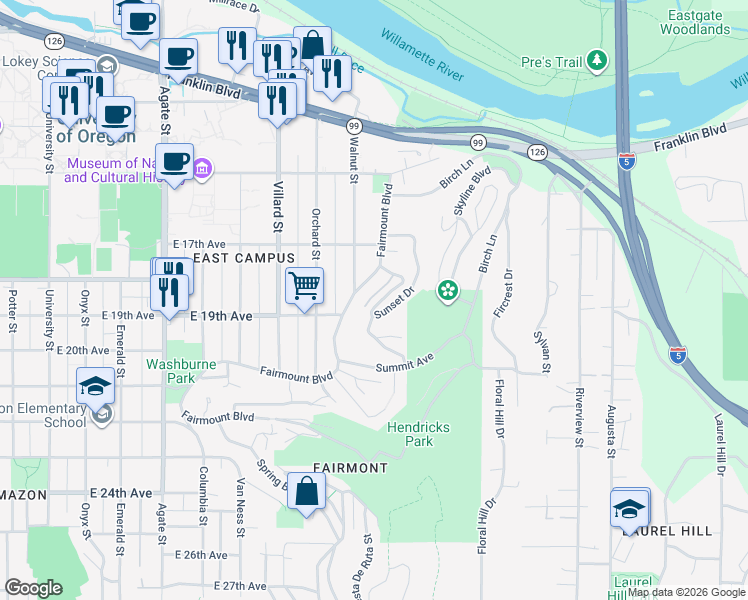 map of restaurants, bars, coffee shops, grocery stores, and more near 80 Sunset Drive in Eugene
