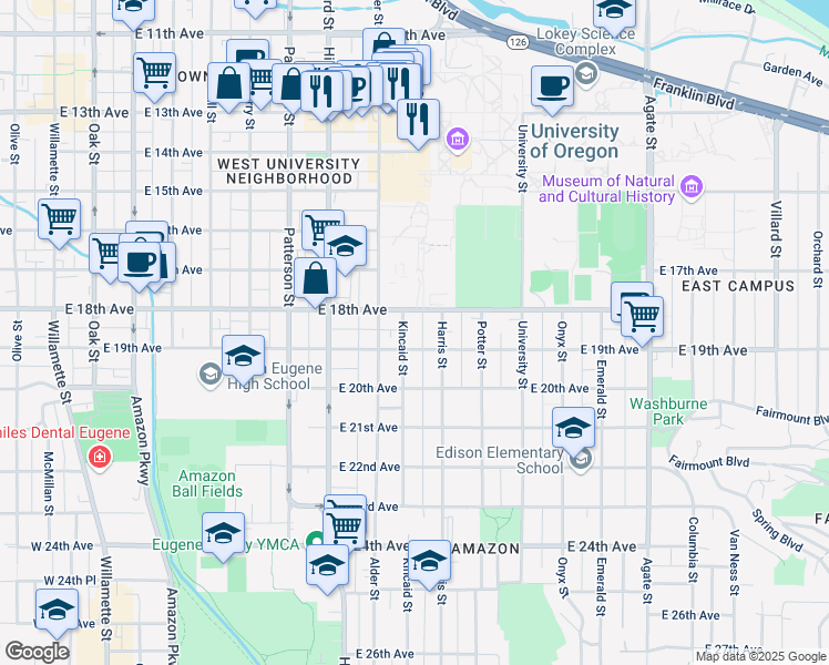 map of restaurants, bars, coffee shops, grocery stores, and more near 888 East 18th Avenue in Eugene